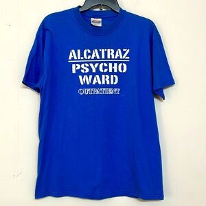 🌞 Hanes vintage 90s Alcatraz Psych Ward outpatient blue white print tee L